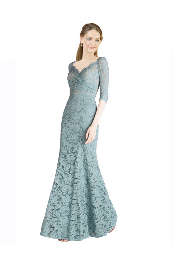 Cheap Half Sleeves Pleated Lace Bridesmaid Dress / Prom Dress with Wrap-Around Portrait Neckline Canada