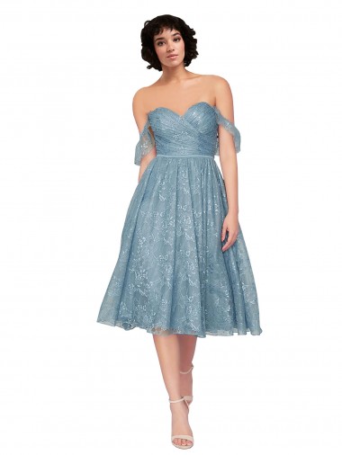Cheap Off the Shoulder Sweetheart Chantilly Lace Midi Length Cocktail Bridesmaid Dress Canada