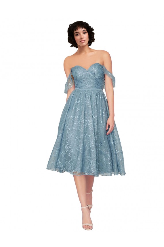Cheap Off the Shoulder Sweetheart Chantilly Lace Midi Length Cocktail Bridesmaid Dress Canada