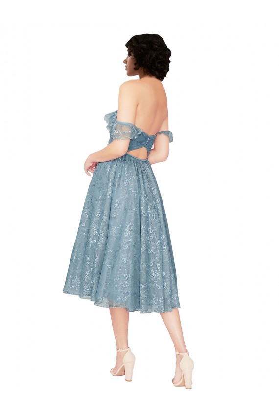 Cheap Off the Shoulder Sweetheart Chantilly Lace Midi Length Cocktail Bridesmaid Dress Canada