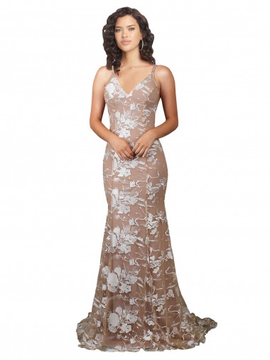 Cheap Fishtail Shaped V-Neck Embroidered Foral Lace Wedding Dress Canada