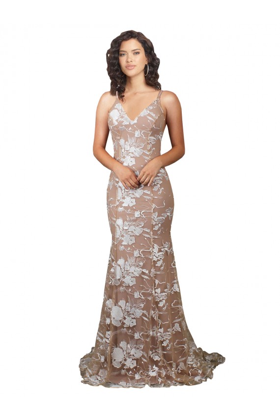 Cheap Fishtail Shaped V-Neck Embroidered Foral Lace Wedding Dress Canada