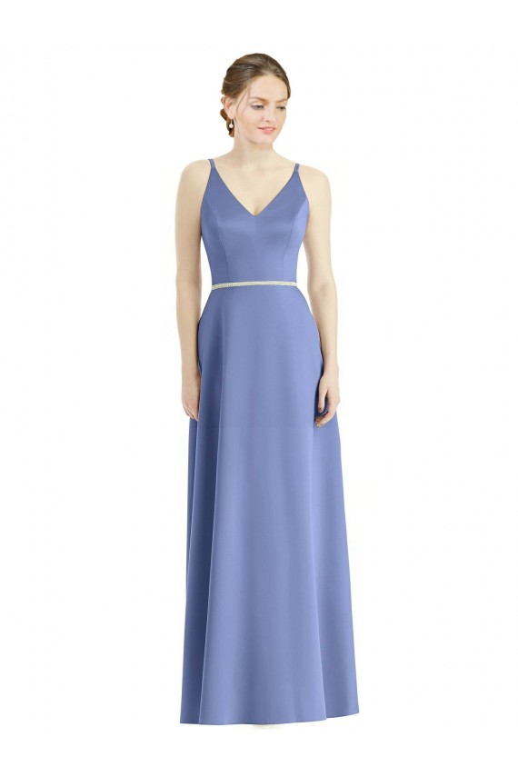 Cheap Long Floor Length V-Neck Satin Bridesmaid Dress with Spaghetti Straps Canada