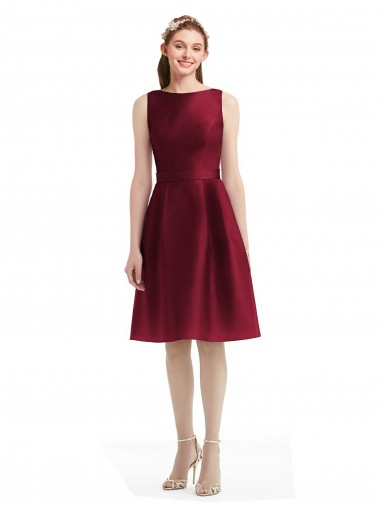 Cheap Short Midi Length Satin Cocktail Bridesmaid Dress with Bateau Neckline and V-Back Canada