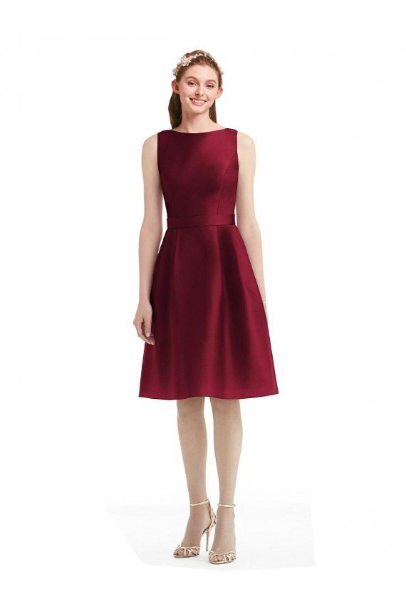 Cheap Short Midi Length Satin Cocktail Bridesmaid Dress with Bateau Neckline and V-Back Canada