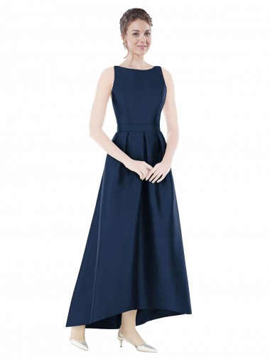 Cheap Full Length Sleeveless Long Satin Bridesmaid Dress with High Low Hem Detail Canada