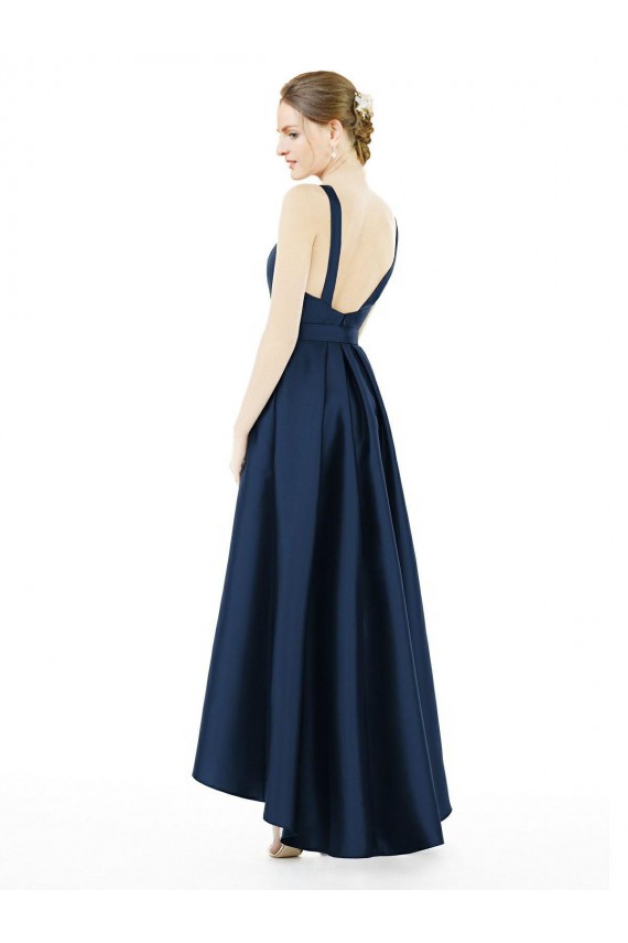 Cheap Full Length Sleeveless Long Satin Bridesmaid Dress with High Low Hem Detail Canada