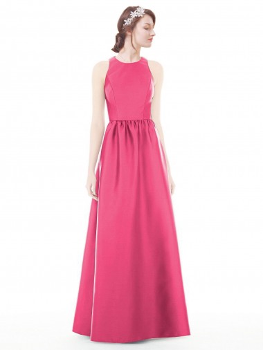 Cheap Jewel Neck Keyhole Back Sleek Long Satin Bridesmaid Dress Canada