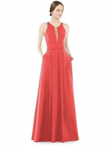 Cheap Sheer V-Neck Tulle Illusion Long Satin Bridesmaid Dress Canada