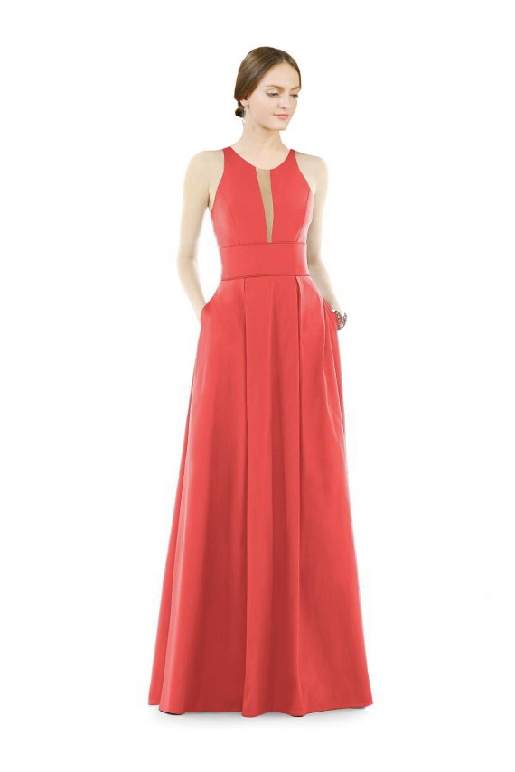 Cheap Sheer V-Neck Tulle Illusion Long Satin Bridesmaid Dress Canada