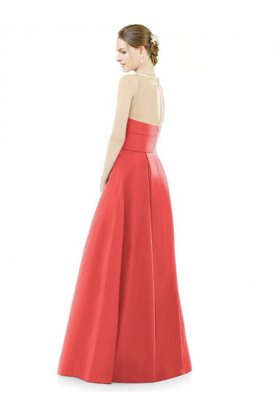 Cheap Sheer V-Neck Tulle Illusion Long Satin Bridesmaid Dress Canada