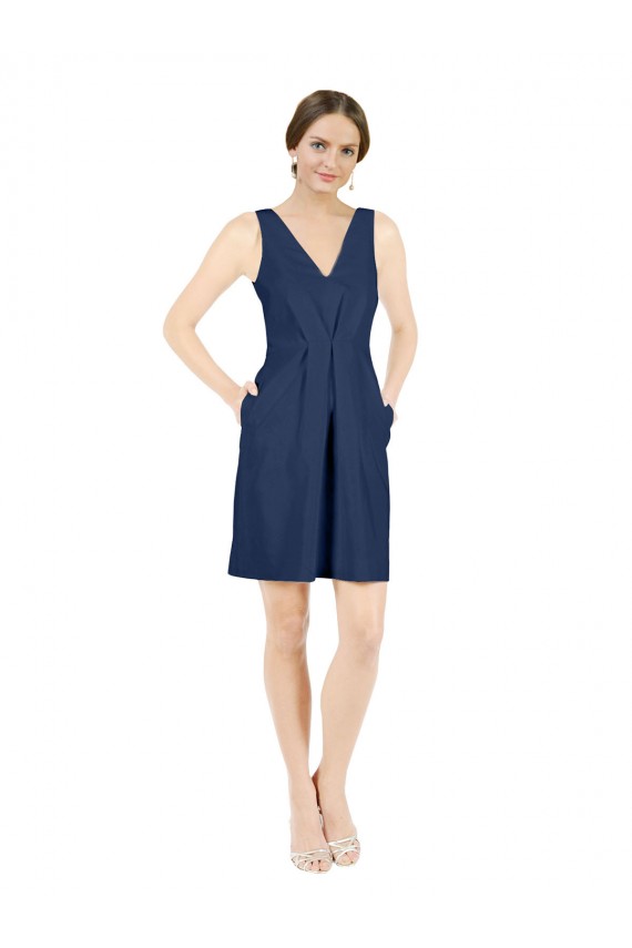 Cheap Deep V-Neck Short Knee Length Satin Cocktail Bridesmaid Dress with Slimming Pleats Canada