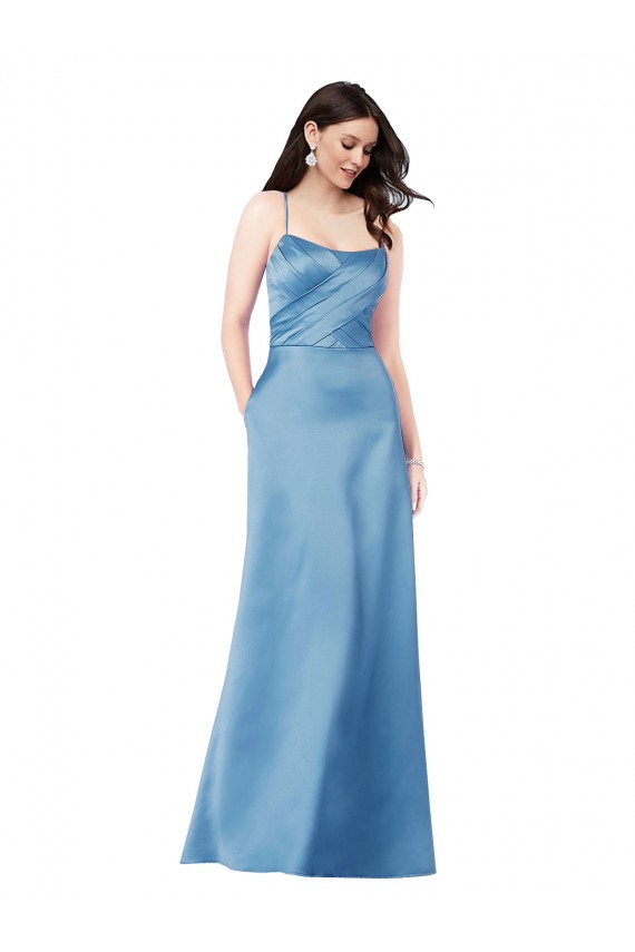 Cheap Crossing Strap Back Pleated Bodice Long Formal Satin Bridesmaid Dress / Prom Dress Canada