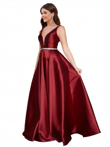 Cheap Sleeveless Deep V-Neck A-Line Formal Satin Bridesmaid Dress / Prom Dress with Pockets Canada