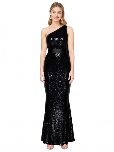 Cheap Draped One Shoulder Long Full Length Formal Sequin Bridesmaid Dress / Prom Dress Canada