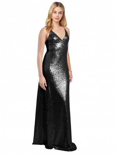 Cheap Full Length A-Line Formal Sequin Bridesmaid Dress / Prom Dress with Spaghetti Straps V-Neckline Canada