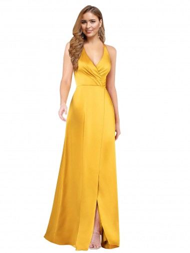 Cheap Halter A-Line Formal Silky Satin Bridesmaid Dress / Prom Dress with V-Neckline and Slit Canada