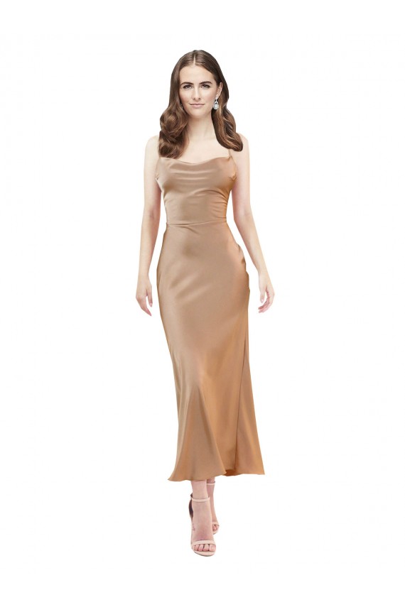 Cheap Cowl Neck Formal Silky Satin Midi Length Bridesmaid Dress / Cocktail Prom Dress Low Back Canada