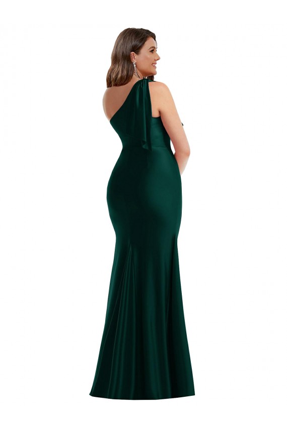 Cheap Cascading Bow One Shoulder Formal Silky Satin Mermaid Bridesmaid Dress / Prom Dress with Front Slit Canada