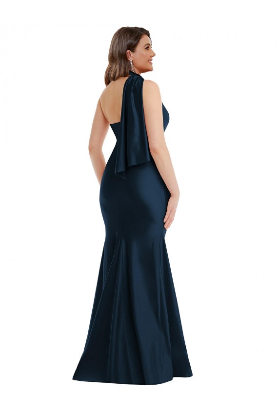 Cheap Scarf Neck One Shoulder Formal Silky Satin Mermaid Bridesmaid Dress / Prom Dress with Front Slit Canada