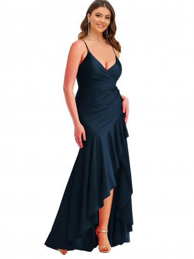 Cheap Pleated Wrap Ruffled High Low Formal Silky Satin Bridesmaid Dress / Prom Dress Canada