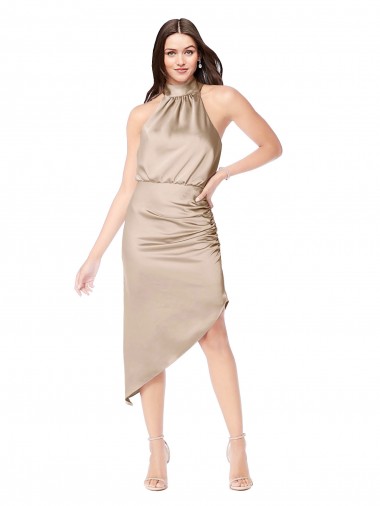 Cheap Silky Satin High Low Midi Cocktail Length Bridesmaid Dress / Prom Dress with Asymmetric Skirt Canada