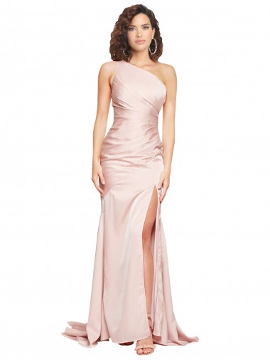 Cheap Full Length One Shoulder Long Formal Silky Satin Bridesmaid Dress / Prom Dress with High Split Canada