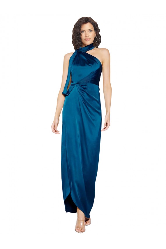 Cheap High Halter Neck Formal Silky Satin Bridesmaid Dress / Prom Dress with Sash Overlay and Side Split Canada