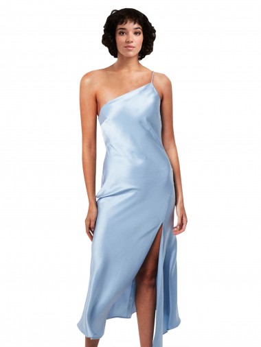 Cheap Midi Length Short Formal Silky Satin Bridesmaid Dress / Cocktail Prom Dress with Asymmetric Neckline and High Side Split Canada