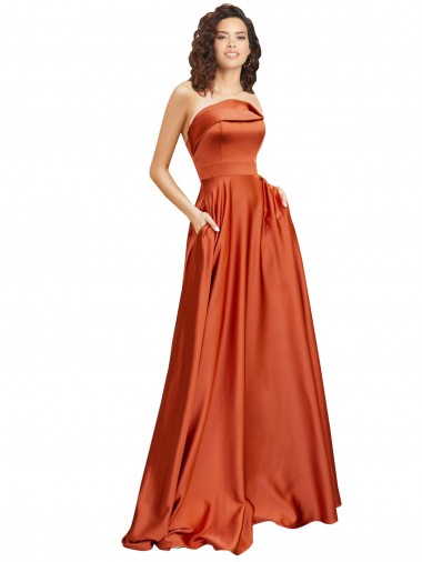 Cheap Strapless Sweep Train Formal Silky Satin Bridesmaid Dress / Prom Dress with Pleats Canada