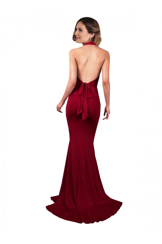 Cheap Halter Mermaid Plunge V-Neckline Open Back Bow Tie Formal Spandex Bridesmaid Dress / Prom Dress Canada