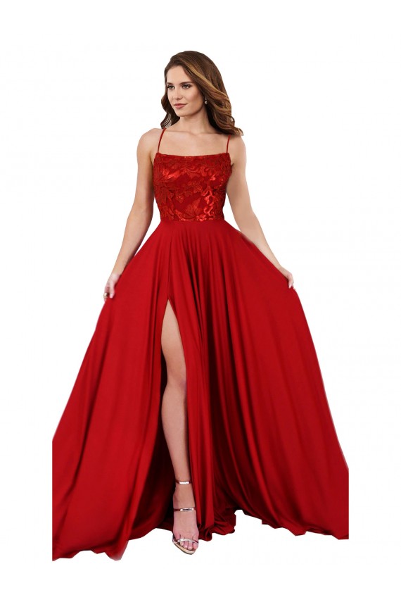 Cheap Lace Over Bodice Long Spandex Bridesmaid Dress / Prom Dress with Slit Canada