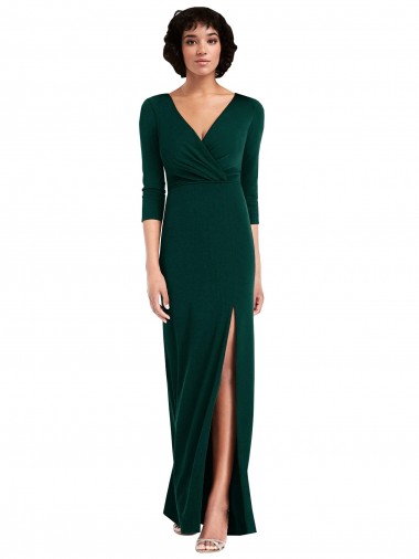 Cheap Floor Length 3/4 Sleeves V-Back Draped Wrap Formal Maxi Spandex Bridesmaid Dress / Prom Dress Canada