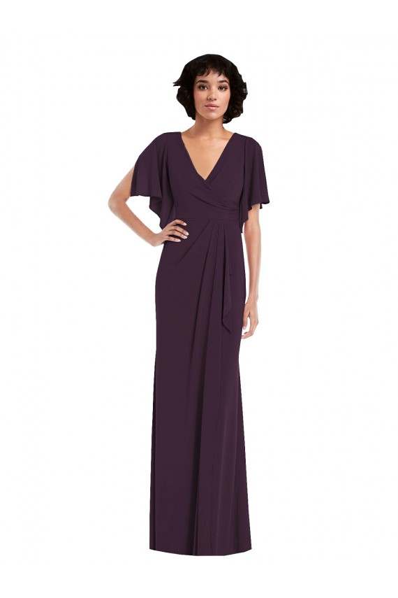 Cheap Faux Wrap Split Sleeves Formal Maxi Spandex Bridesmaid Dress / Prom Dress with Cascade Skirt Canada