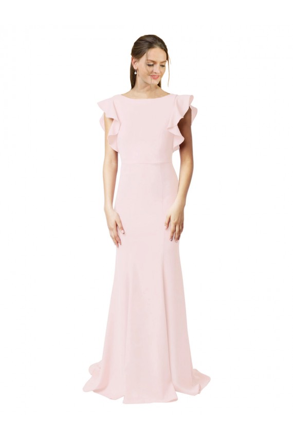 Cheap Low V-Back Long Mermaid Crepe Bridesmaid Dress / Prom Dress with Ruffled Sleeves Canada