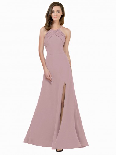 Cheap High Neck Crepe Bridesmaid Dress / Prom Dress with Pleats and Keyhole Back Canada