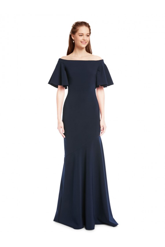 Cheap Off the Shoulder Formal Crepe Bridesmaid Dress / Prom Dress with Short Ruffle Sleeves. Canada