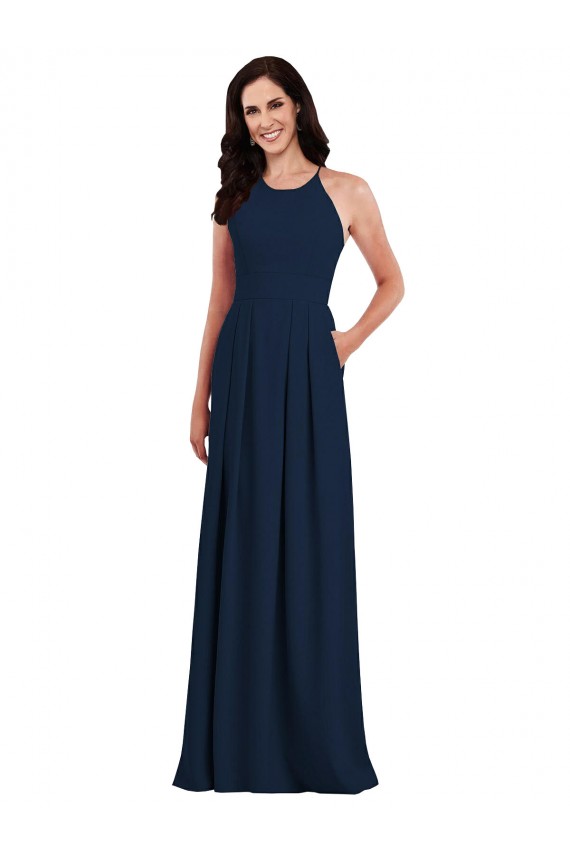 Cheap Criss Cross Back Crepe Halter Bridesmaid Dress with Pockets Canada