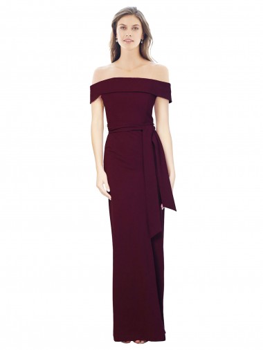 Cheap Off the Shoulder Long Formal Crepe Bridesmaid Dress / Prom Dress with Waist Tie Canada