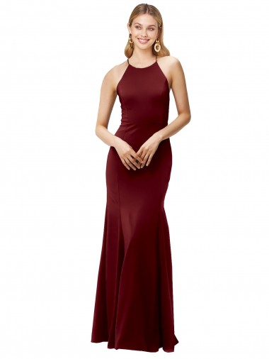 Cheap Fit and Flare Halter Neckline Stretch Formal Crepe Bridesmaid Dress / Prom Dress with Strappy Back Canada