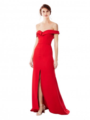 Cheap Off the Shoulder Chapel Train Formal Crepe Bridesmaid Dress / Prom Dress with Thigh-High slit Canada