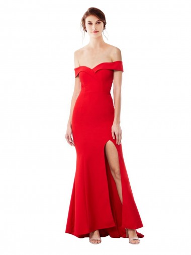Cheap Off the Shoulder Sweetheart Maxi Formal Crepe Bridesmaid Dress / Prom Dress With Thigh Split and Train Canada