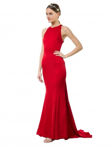 Cheap High Neck Mermaid Open Back Formal Crepe Maxi Bridesmaid Dress / Prom Dress with Train Detail Canada
