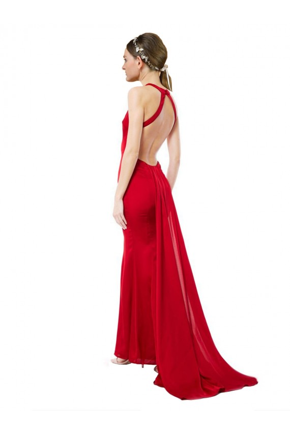 Cheap High Neck Mermaid Open Back Formal Crepe Maxi Bridesmaid Dress / Prom Dress with Train Detail Canada