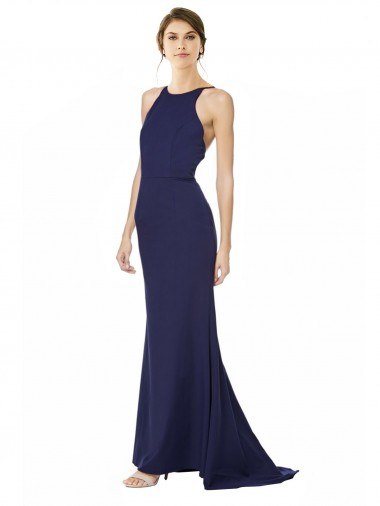 Cheap Fishtail High Neck Maxi Formal Crepe Bridesmiad Dress with Strappy Back Detail Canada