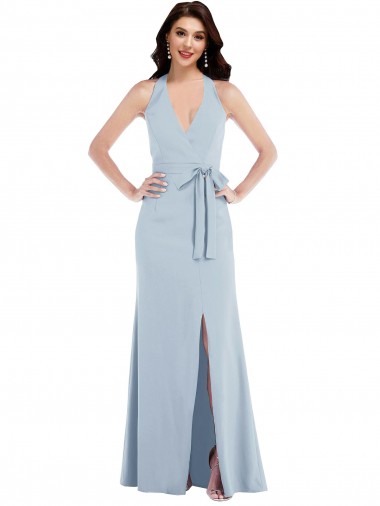 Cheap Open Back Halter Maxi Formal Crepe Bridesmaid Dress / Prom Dress with Draped Bow Canada
