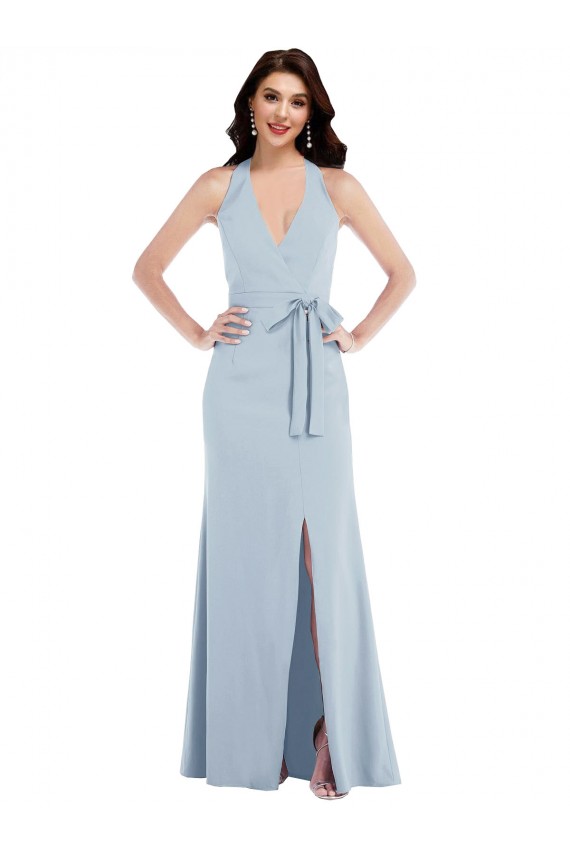 Cheap Open Back Halter Maxi Formal Crepe Bridesmaid Dress / Prom Dress with Draped Bow Canada