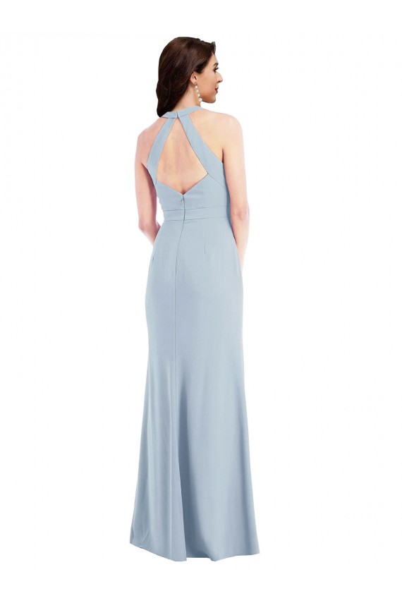 Cheap Open Back Halter Maxi Formal Crepe Bridesmaid Dress / Prom Dress with Draped Bow Canada