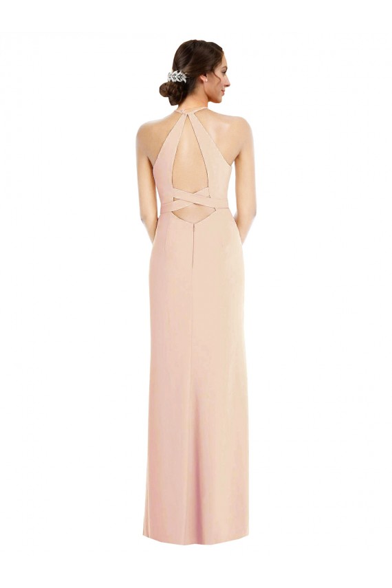 Cheap Halter Criss Cross Cutout Back Maxi Formal Crepe Bridesmaid Dress / Prom Dress Canada