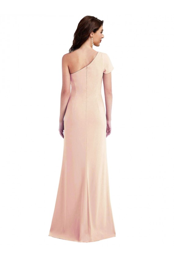 Cheap One Shoulder Cap Sleeves Trumpet Formal Crepe Bridesmaid Dress / Prom Dress with Front Slit Canada